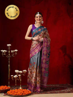 Silk Land - Multi-Color Floral Printed Ready To Wear Saree with Unstitched Blouse