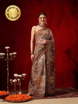Silk Land - Beige Cotton Chanderi Floral Printed Ready To Wear Saree with Unstitched Blouse