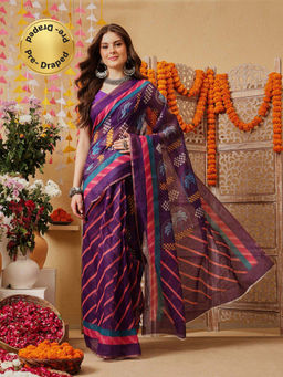 Silk Land - Purple Cotton Blend Digital Stripes Printed Ready To Wear Saree with Unstitched Blouse