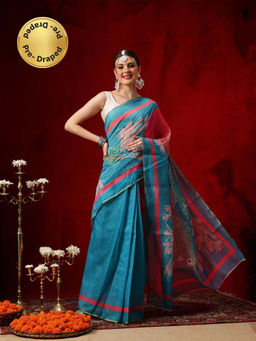 Silk Land - Blue Chanderi Cotton Blend Digital Printed Ready To Wear Saree with Unstitched Blouse