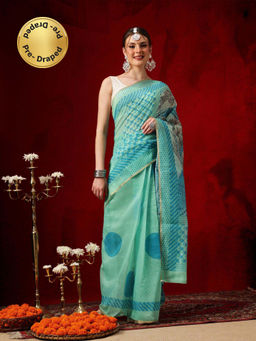 Silk Land - Sea Green Digital Printed Ready To Wear Saree with Unstitched Blouse