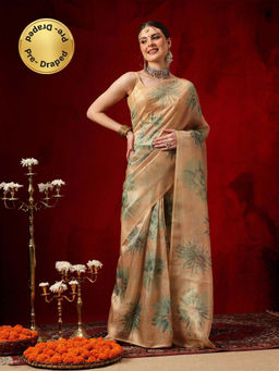 Silk Land - Beige Cotton Silk Floral Printed Ready To Wear Saree with Unstitched Blouse