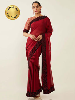 Soch - Maroon Silk Blend Solid Saree with Unstitched Blouse