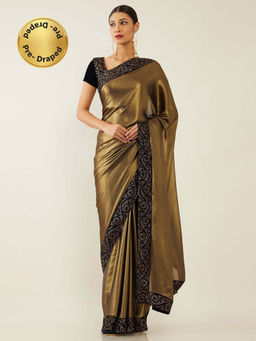 Soch - Gold Poly Georgette Solid Saree with Unstitched Blouse