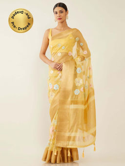 Soch - Mustard Organza Woven Design Saree with Unstitched Blouse