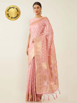 Soch - Pink Organza Woven Design Saree with Unstitched Blouse
