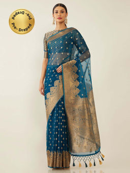 Soch - Blue Organza Woven Design Saree with Unstitched Blouse