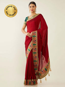 Soch - Maroon Art Silk Solid Saree with Unstitched Blouse