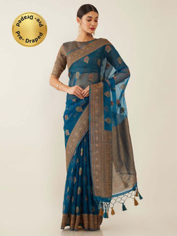 Soch - Blue Organza Woven Design Saree with Unstitched Blouse