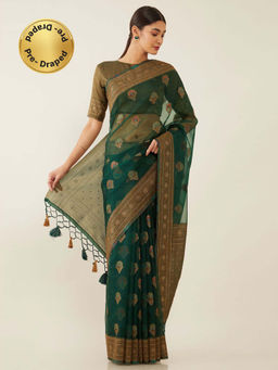 Soch - Green Organza Woven Design Saree with Unstitched Blouse