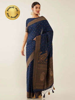Soch - Navy Blue Art Silk Tussar Woven Design Saree with Unstitched Blouse