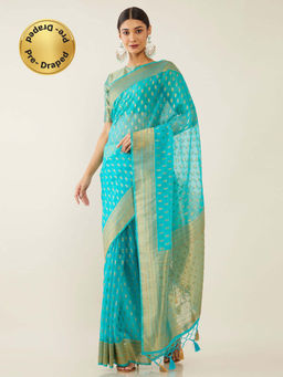 Soch - Blue Organza Banarasi Woven Design Saree with Unstitched Blouse