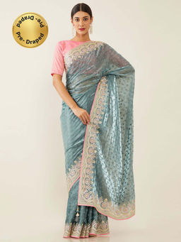 Soch - Grey Organza Woven Design Saree with Unstitched Blouse