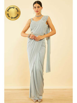 Soch - Womens Grey Spandex Ready To Wear Saree with Belt & Stitched Blouse (Set of 3)