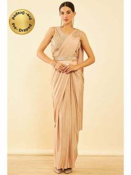 Soch - Womens Beige Spandex Ready To Wear Saree with Belt & Stitched Blouse (Set of 3)