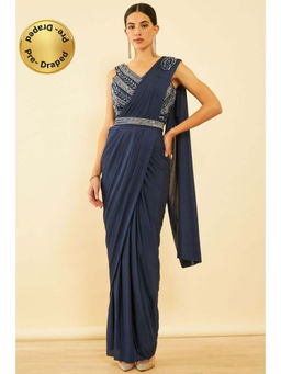Soch - Womens Navy Blue Spandex Ready To Wear Saree with Belt & Stitched Blouse (Set of 3)
