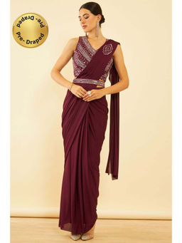 Soch - Womens Wine Spandex Ready To Wear Saree with Belt & Stitched Blouse (Set of 3)