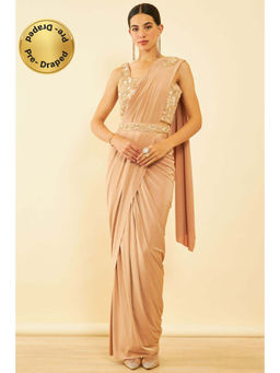 Soch - Womens Beige Spandex Ready To Wear Saree with Belt & Stitched Blouse (Set of 3)
