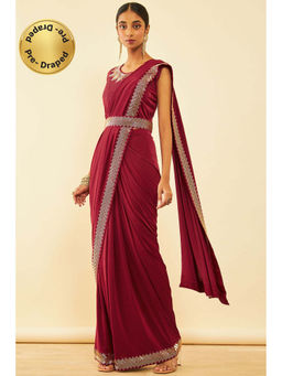 Soch - Womens Maroon Spandex Ready To Wear Saree with Stitched Blouse