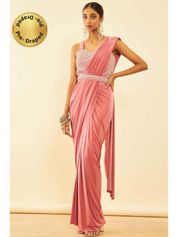 Soch - Womens Onion Pink Spandex Ready To Wear Saree with Beads with Stitched Blouse