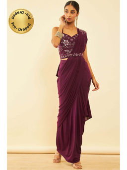 Soch - Womens Wine Spandex Solid Ready To Wear Saree with Stitched Blouse