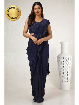 Soch - Womens Navy Blue Ready-To-Wear Saree with Stone Work Stitched Blouse and Belt