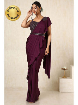 Soch - Womens Wine Ready-To-Wear Saree with Sequined Stitched Blouse and Belt