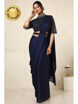 Soch - Womens Navy Blue Ready-To-Wear Saree with Stone Work Stitched Blouse and Belt