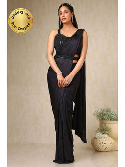 Soch - Womens Black Satin Ready-To-Wear Saree with Sequined Stitched Blouse and Belt