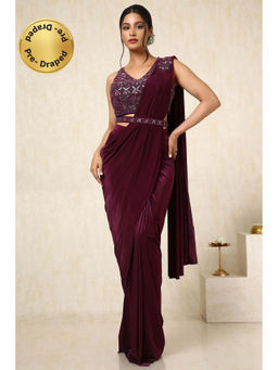 Soch - Women Wine Nylon Blend Ready To Wear Saree with Stitched Blouse & Belt