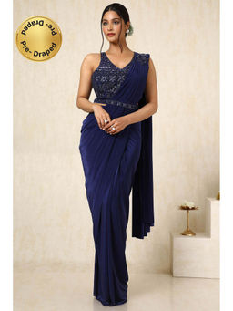 Soch - Women Navy Blue Nylon Blend Ready To Wear Saree with Stitched Blouse & Belt
