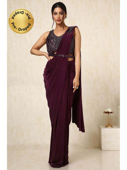 Soch - Women Wine Nylon Blend Ready To Wear Saree with Stitched Blouse & Belt