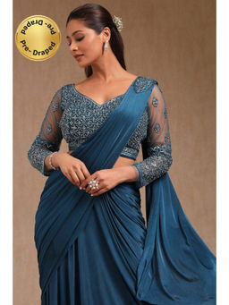 Soch - Women Teal Nylon Blend Solid Ready To Wear Saree with Stitched Blouse