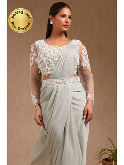 Soch - Women Sap Green Nylon Blend Solid Ready To Wear Saree with Stitched Blouse & Belt