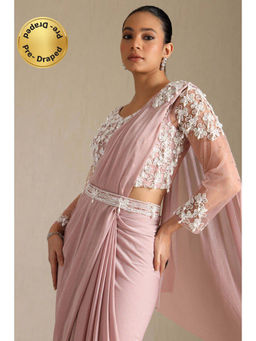 Soch - Women Blush Pink Nylon Blend Solid Ready To Wear Saree with Stitched Blouse & Belt