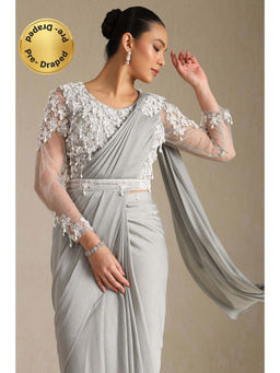 Soch - Women Grey Nylon Blend Solid Ready To Wear Saree with Stitched Blouse & Belt
