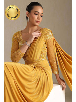 Soch - Women Mustard Nylon Blend Solid Ready To Wear Saree with Stitched Blouse & Belt