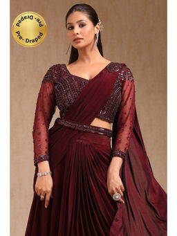 Soch - Women Wine Nylon Blend Solid Ready To Wear Saree with Stitched Blouse & Belt