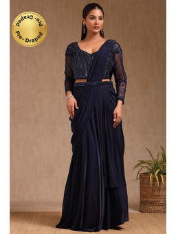 Soch - Women Navy Blue Nylon Blend Solid Ready To Wear Saree with Stitched Blouse & Belt