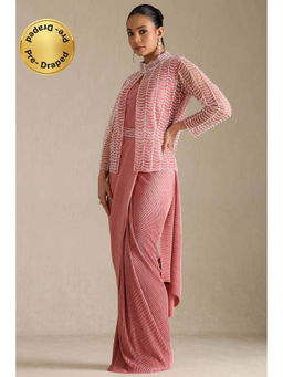 Soch - Women Peach Nylon Blend Solid Ready To Wear Saree with Stitched Blouse & Belt and Jacket