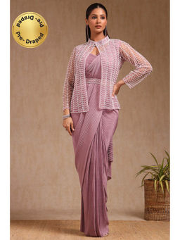 Soch - Women Purple Nylon Blend Solid Ready To Wear Saree with Stitched Blouse & Belt and Jacket