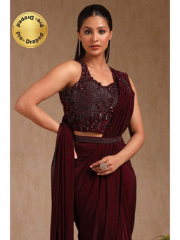 Soch - Women Wine Nylon Blend Solid Ready To Wear Saree with Stitched Blouse & Belt