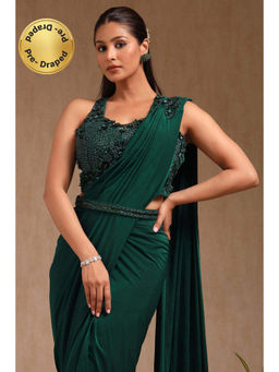 Soch - Women Green Nylon Blend Solid Ready To Wear Saree with Stitched Blouse & Belt
