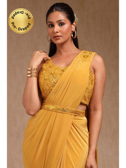 Soch - Women Mustard Nylon Blend Solid Ready To Wear Saree with Stitched Blouse & Belt