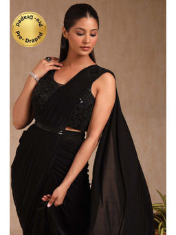 Soch - Women Black Nylon Blend Solid Ready To Wear Saree with Stitched Blouse & Belt