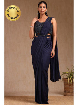 Soch - Women Navy Blue Nylon Blend Solid Ready To Wear Saree with Stitched Blouse & Belt
