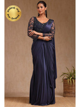 Soch - Women Navy Blue Nylon Blend Solid Ready To Wear Saree with Stitched Blouse