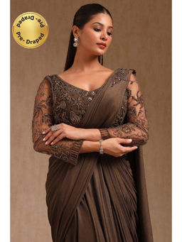 Soch - Women Brown Nylon Blend Solid Ready To Wear Saree with Stitched Blouse