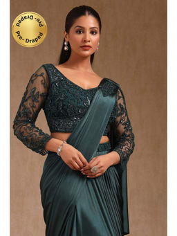 Soch - Women Green Nylon Blend Solid Ready To Wear Saree with Stitched Blouse