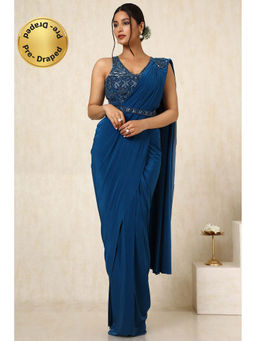 Soch - Womens Teal Nylon Blend Saree with Stitched Blouse & Belt